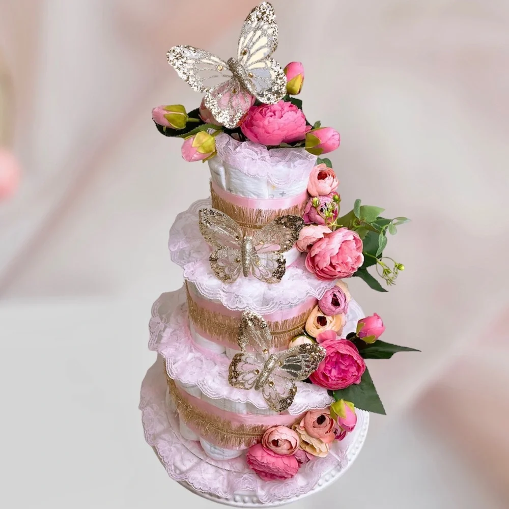 Butterfly Diaper Cake, Peonies Diaper Cake